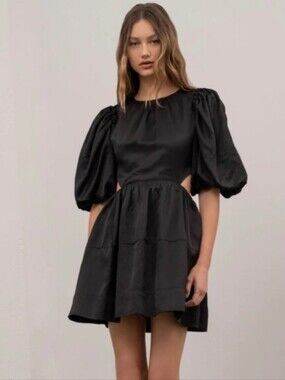 Moon River Black Puff Sleeve Mini Dress with Side Cutouts